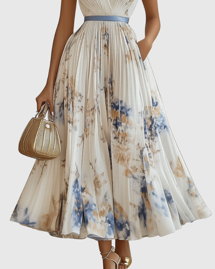 Long pleated V-neck maxi dress for women, showcasing elegance and style for wedding guests & special occasions.