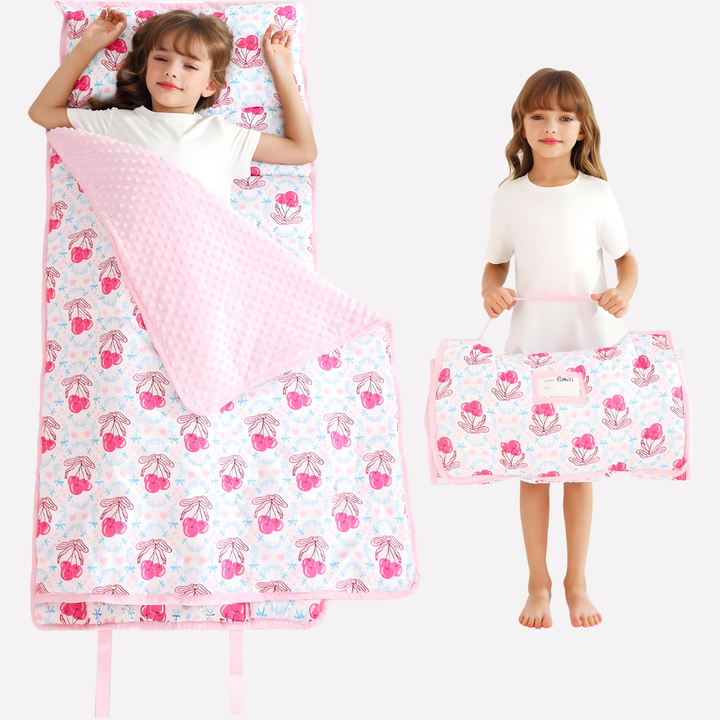 Portable toddler nap mat for easy travel & storage. Features an integrated pillow & warm blanket for kids.