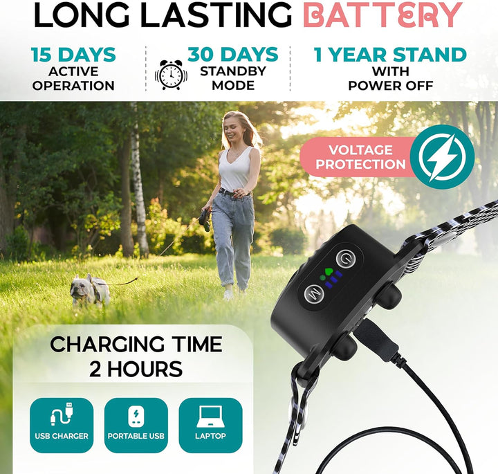 Dog training no-bark collar with adjustable settings, designed for gentle pet behavior modification and bark control.