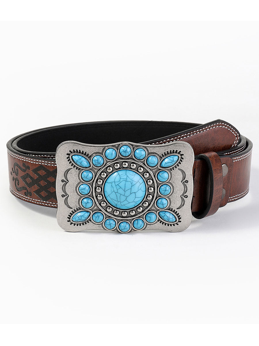 Women's vintage style belt with an ornate gem and flower buckle, perfect for casual boho fashion.