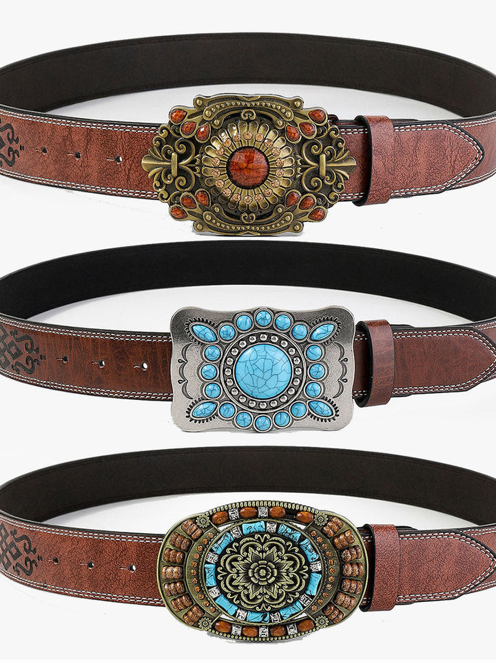 Elegant women's vintage gem flower belt, a stylish leather accessory enhancing casual or boho fashion.