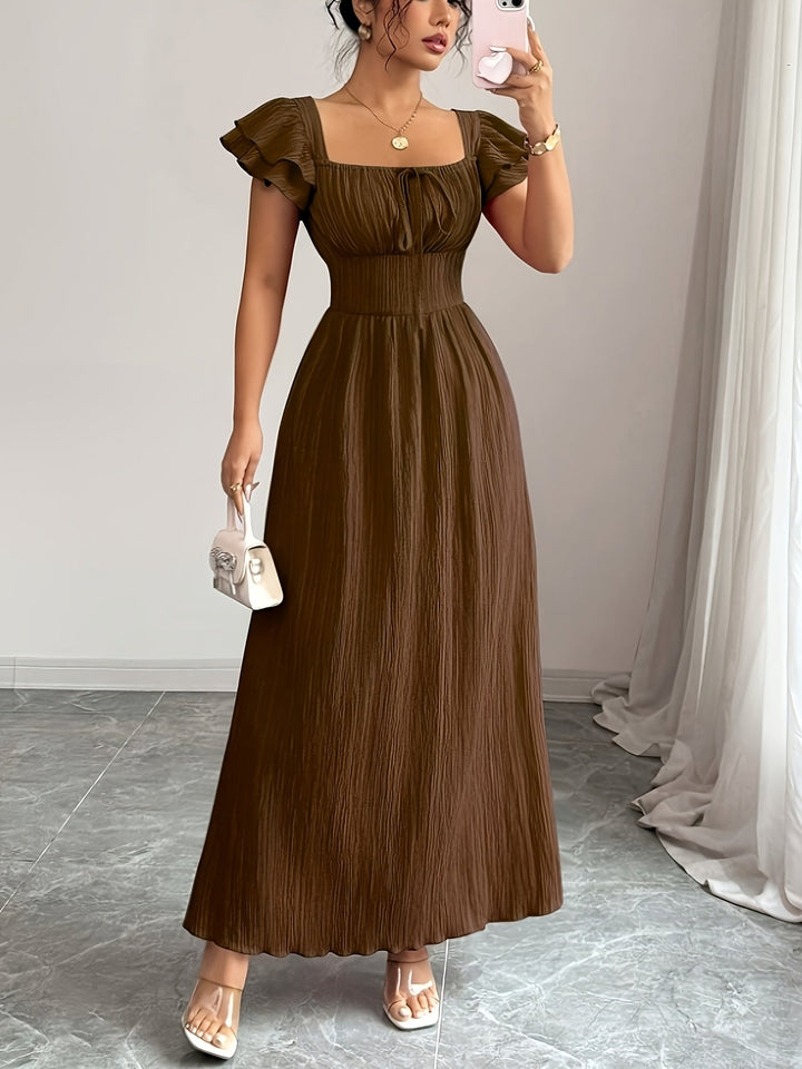 Comfortable brown square neck maxi dress. Women's A-line long summer dress with smocked waist, elegant and casual.