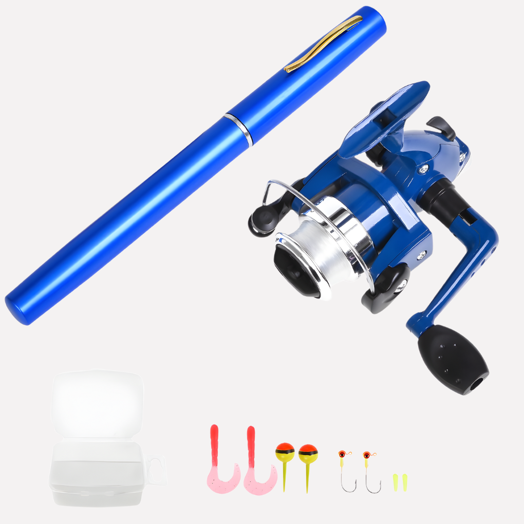 Portable mini fishing rod with matching reel. Ideal telescopic travel fishing kit, a great angler gift.