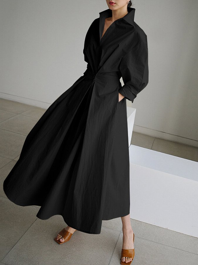 Women's elegant long sleeve midi dress with a stylish collar, a versatile choice for fall, winter, & workwear.