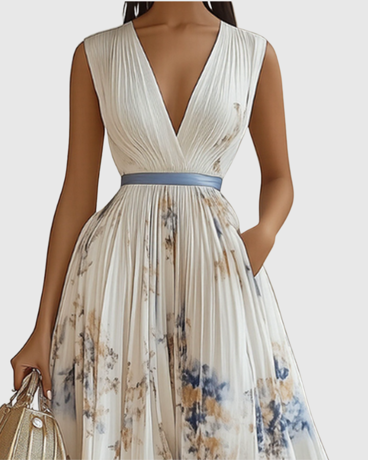 Women's elegant V-neck pleated maxi dress, ideal for wedding guests, formal events, or summer parties.