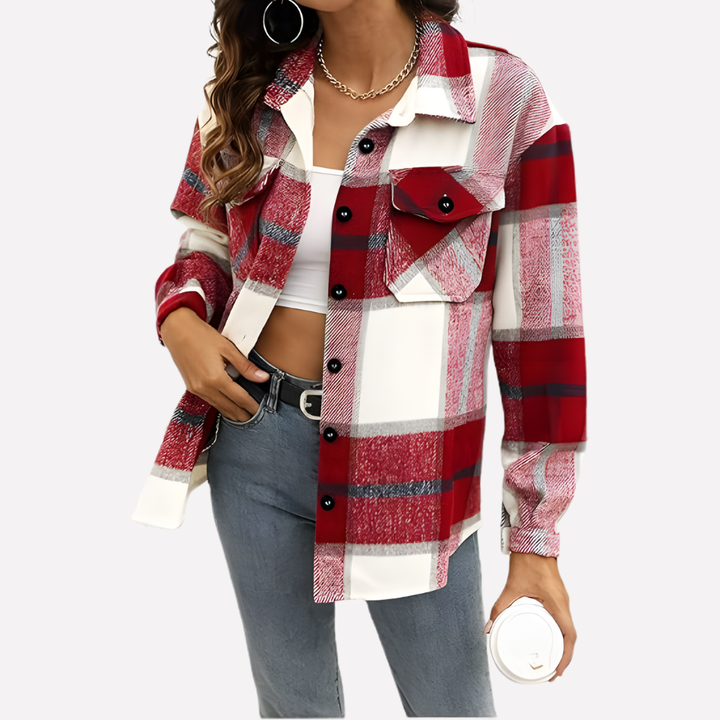 Winter style women's plaid jacket, a cozy button-front shacket for casual layering.