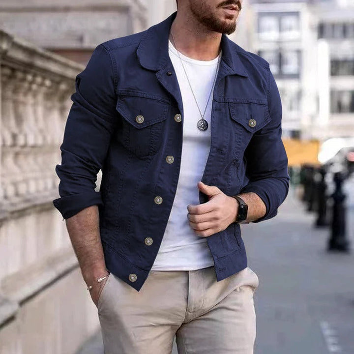 Front view of the classic men's all-season button-up jacket, offering structured comfort and versatile style.