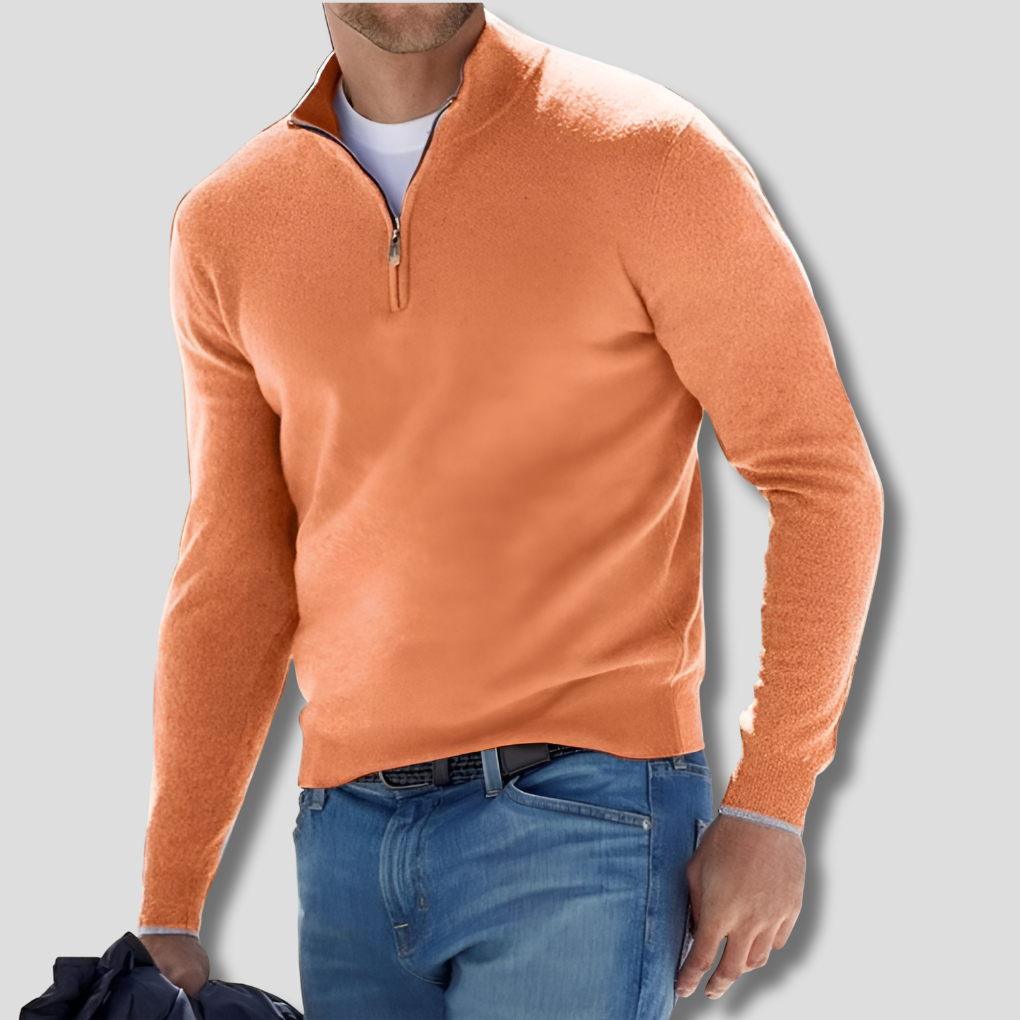 Men's versatile long sleeve sweater with zipper collar, designed for a comfortable, stylish, casual look.