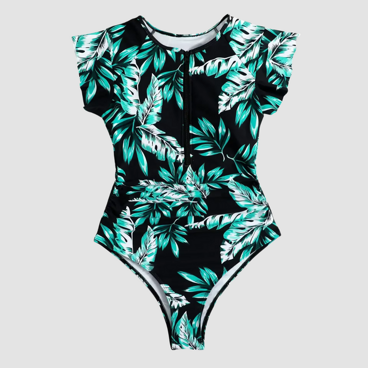 Elegant women's one-piece swimsuit featuring a stylish front zipper, perfect for sporty summer beachwear.