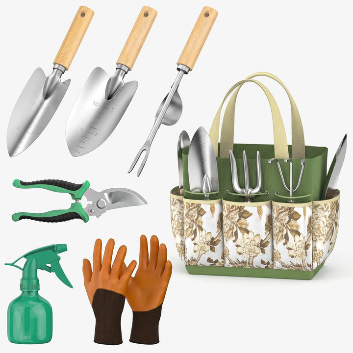 Premium 9-piece gardening tool set: durable stainless steel tools with ergonomic wood handles, ideal for avid gardeners.