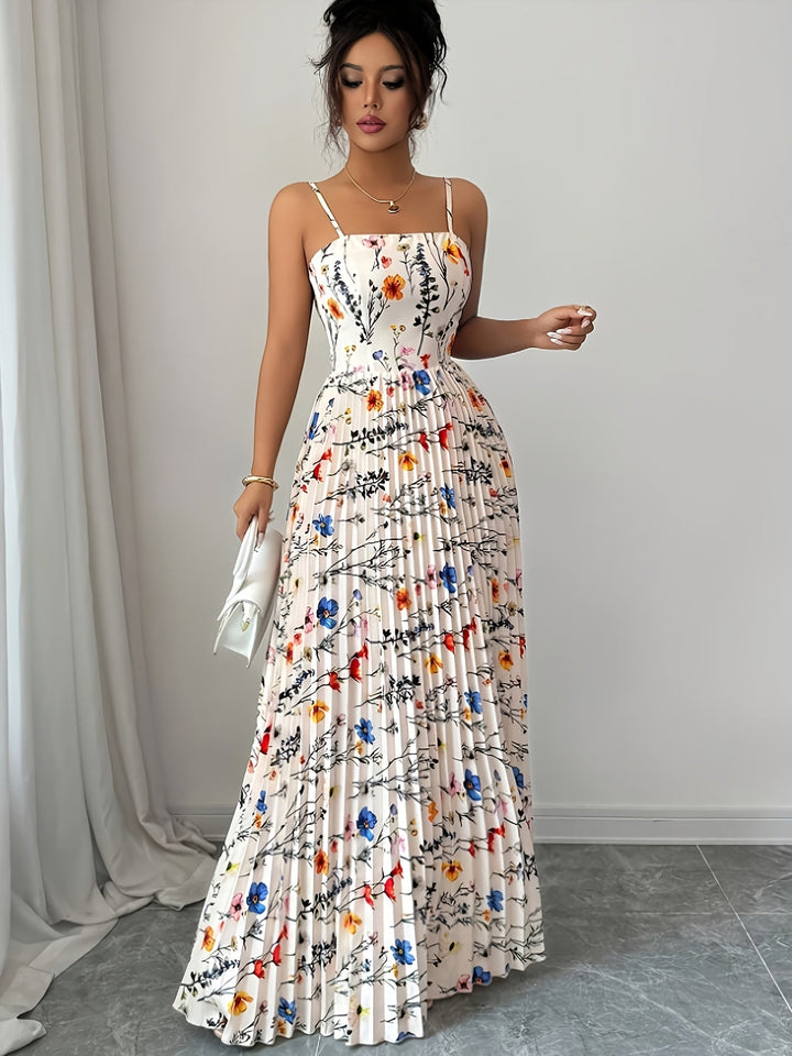 Stylish women's elegant floral pleated maxi dress. Long summer fashion, perfect for vacation & special occasions.