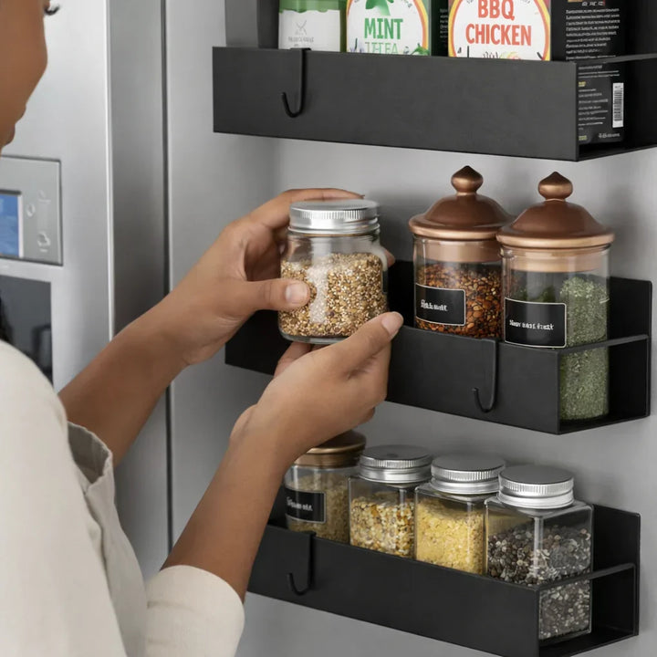 Space-saving magnetic spice rack for refrigerator storage, organizes seasonings & jars on kitchen accessories shelf.