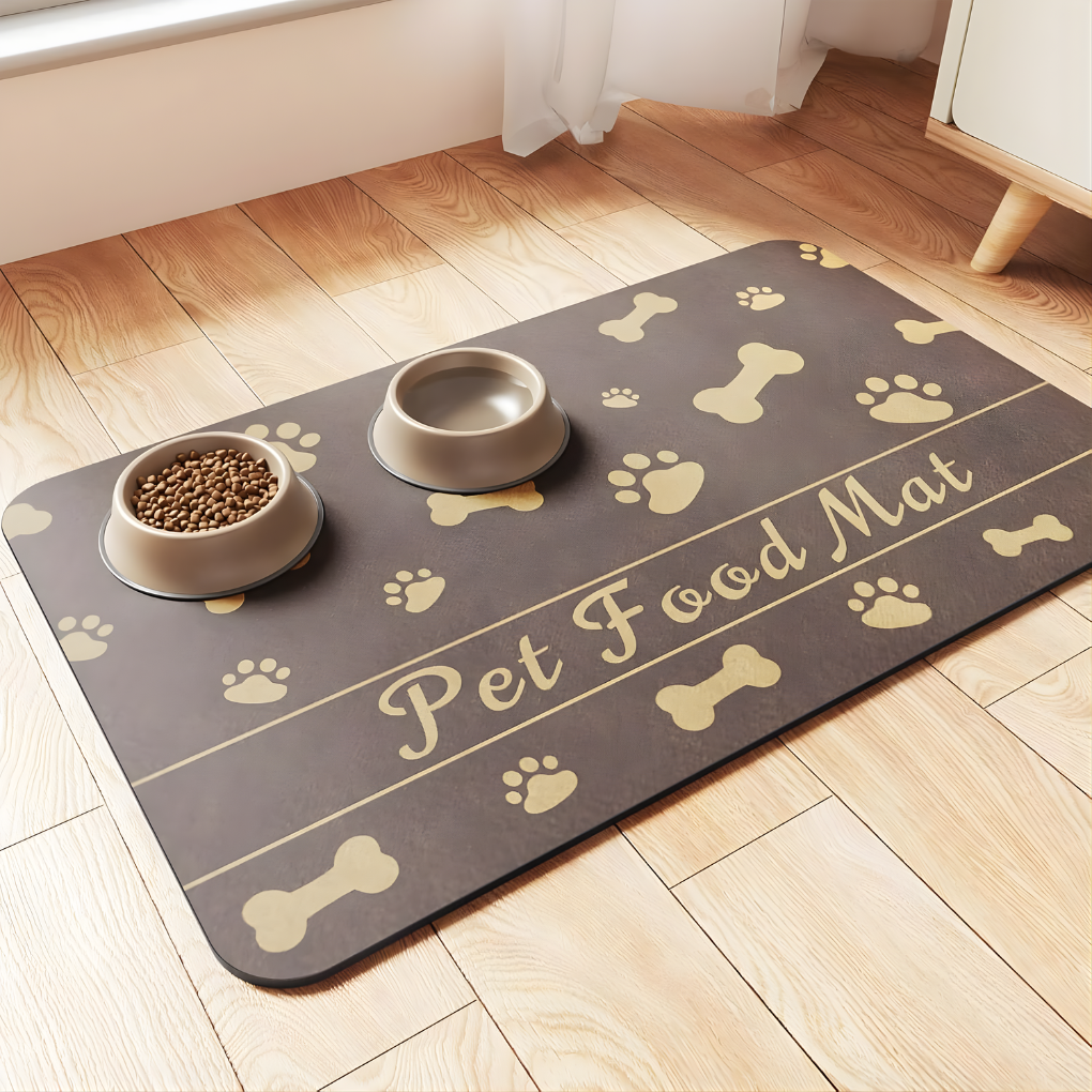 Stain-resistant pet mat for under dog & cat food bowls. Absorbent water bowl floor protector. Pet accessory.