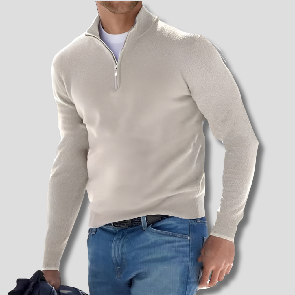 Front view of a men's stylish long sleeve pullover sweater with a functional zipper collar detail.