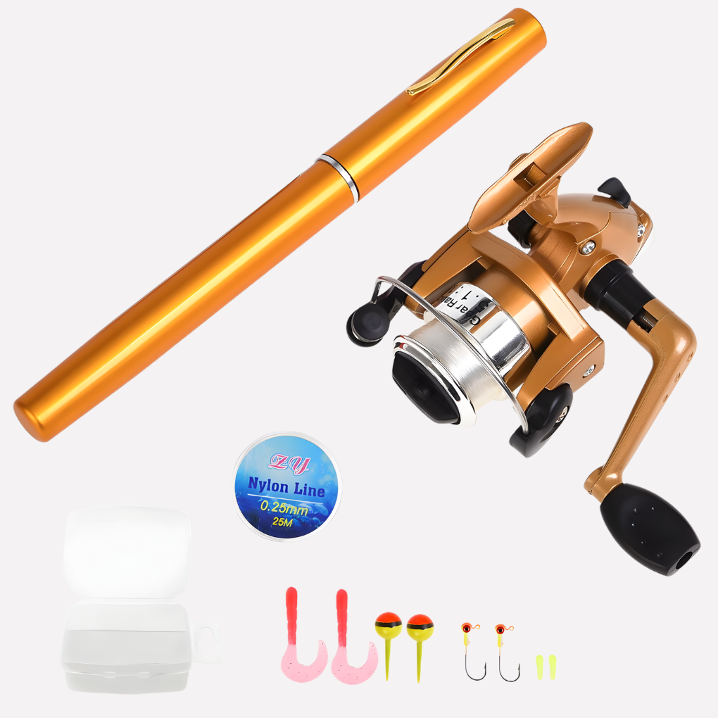 Pocket-sized mini fishing rod and reel combo for travel. Durable telescopic design for freshwater fishing.