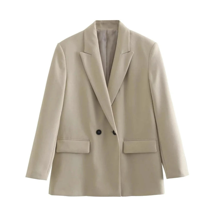 Elegant women's double-breasted blazer, a key item for versatile office and casual wear.