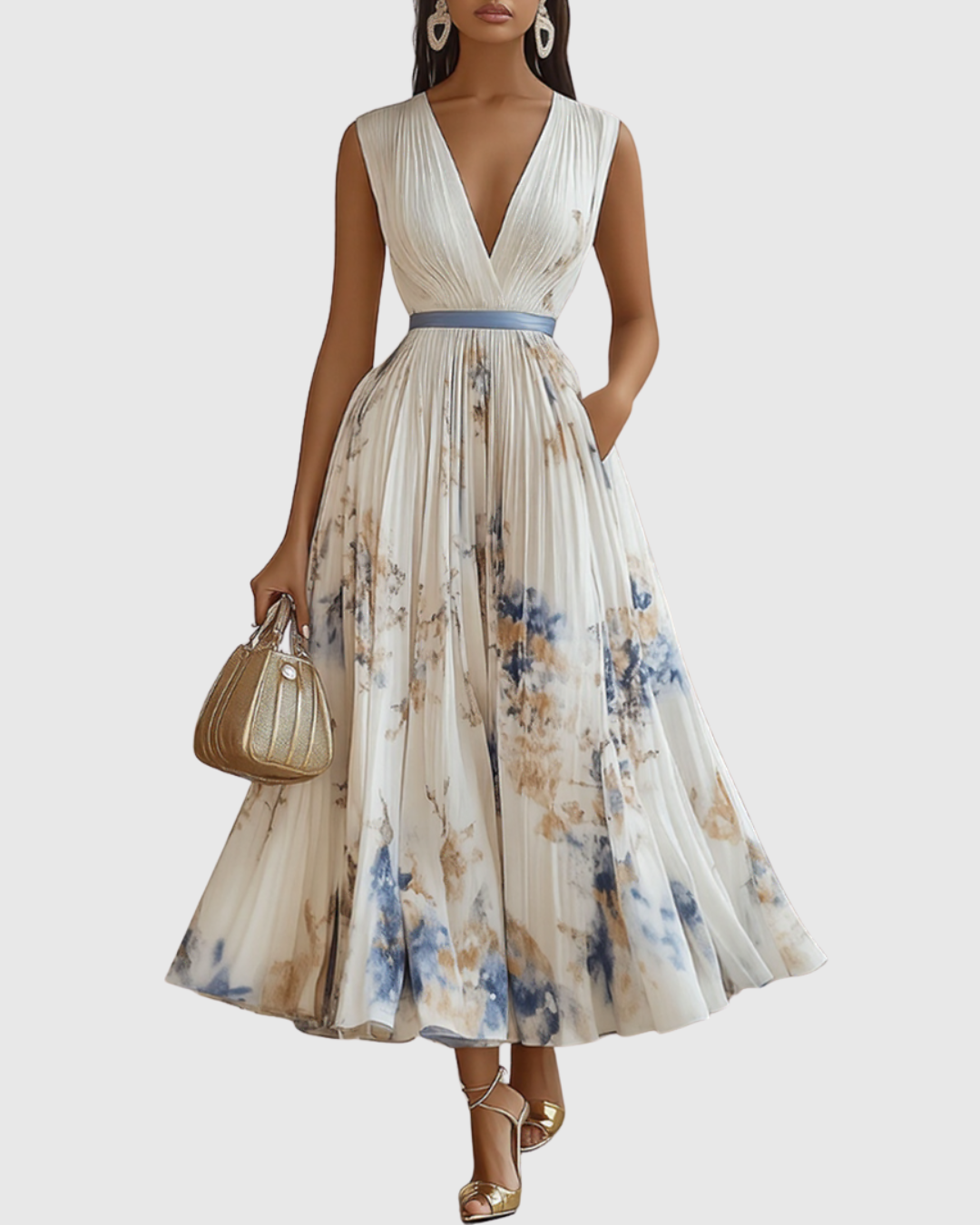 Elegant pleated V-neck maxi dress for women, perfect as a wedding guest outfit or formal occasion wear.