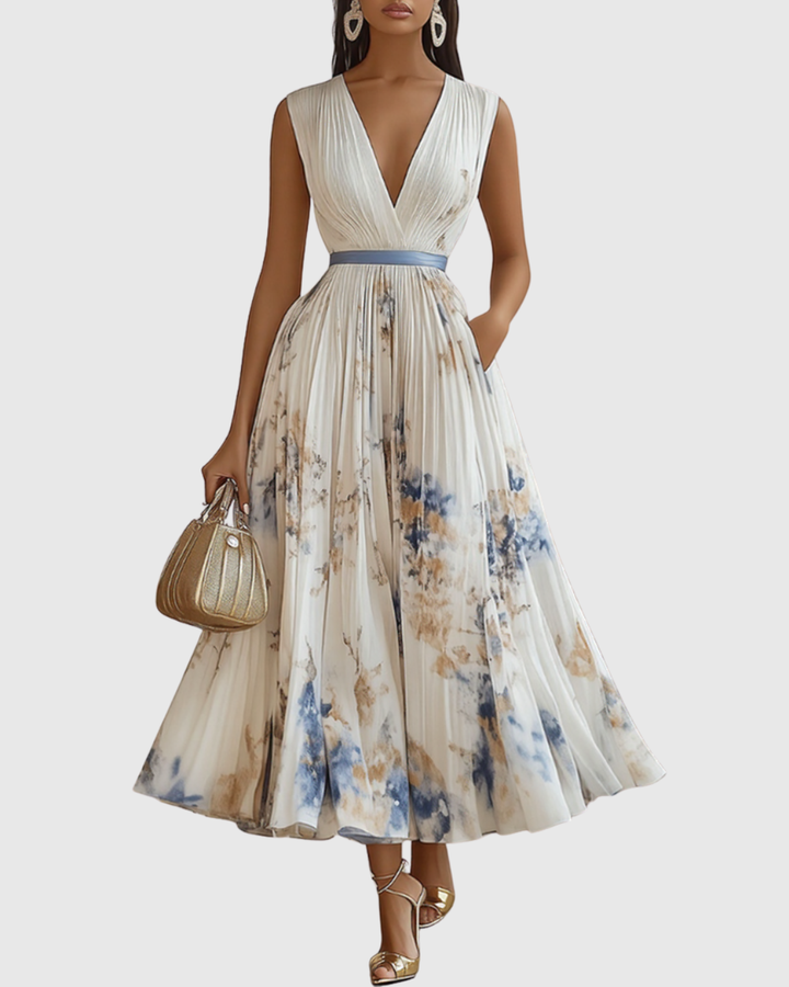 Elegant pleated V-neck maxi dress for women, perfect as a wedding guest outfit or formal occasion wear.
