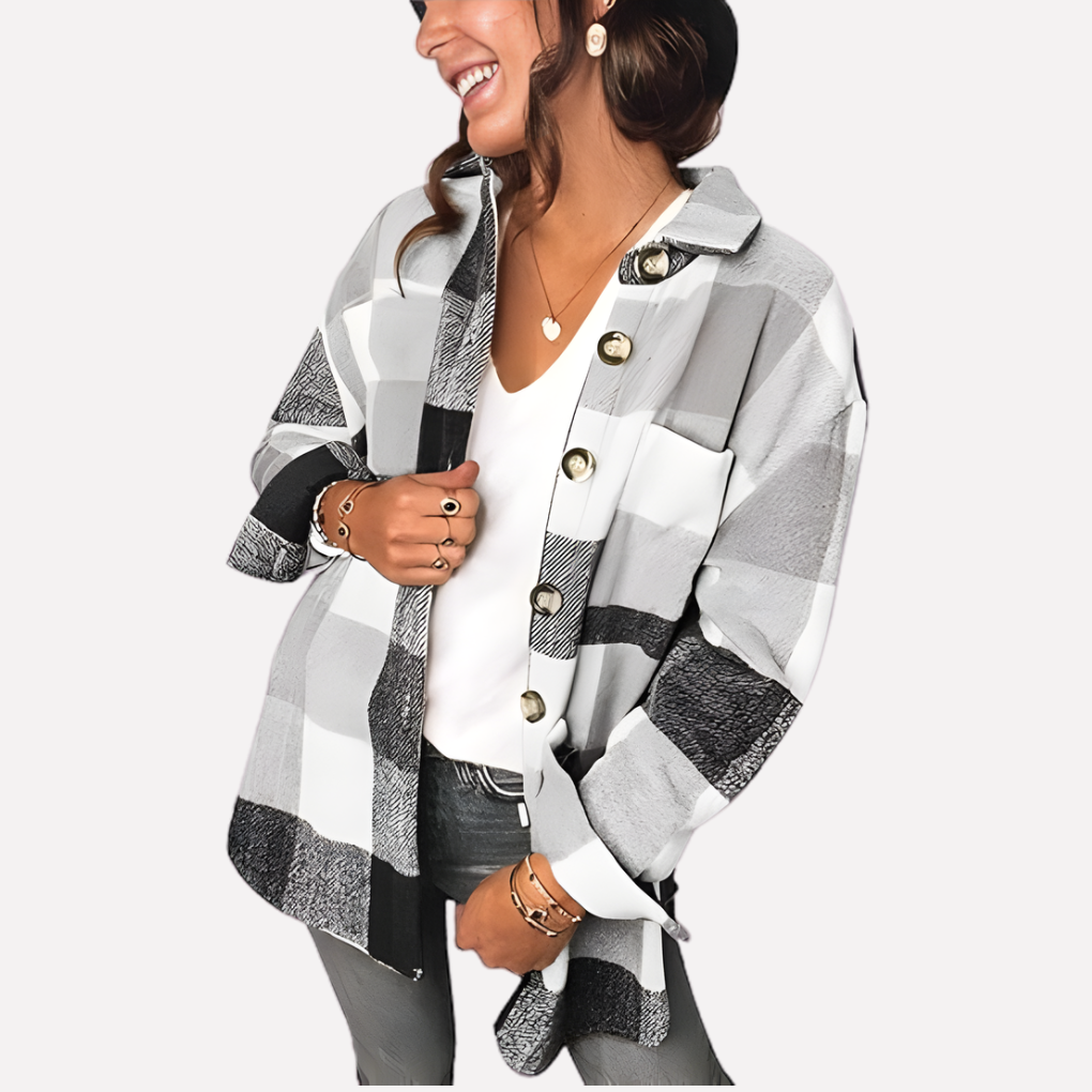 Effortless chic: women's plaid shacket, a stylish long sleeve top & layering piece.