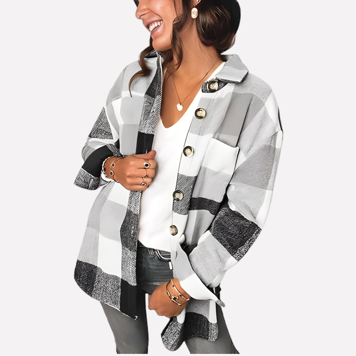 Effortless chic: women's plaid shacket, a stylish long sleeve top & layering piece.