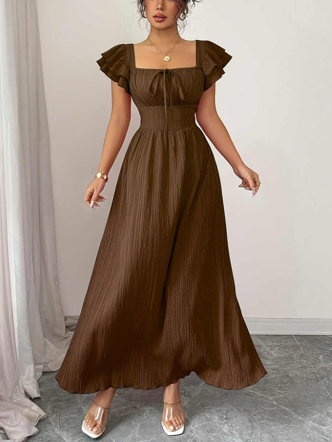 Fashionable women's brown square neck maxi dress. Elegant A-line long dress with smocked waist, perfect for any occasion.