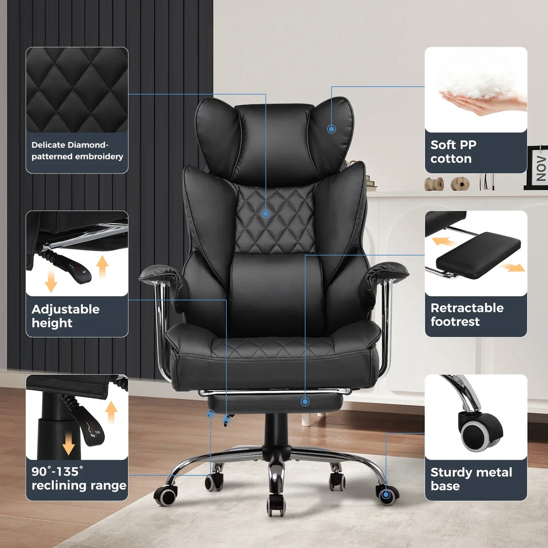 Black PU leather ergonomic desk chair for home office, ultimate comfort for big and tall users.
