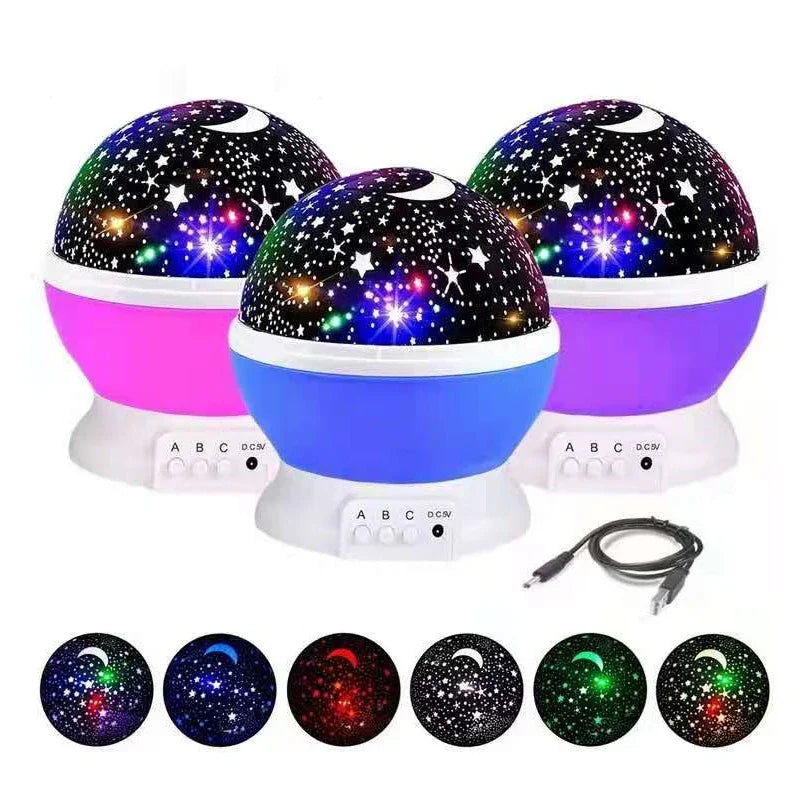 Galaxy projector night light illuminating a child's room with colorful celestial stars, perfect for bedtime.