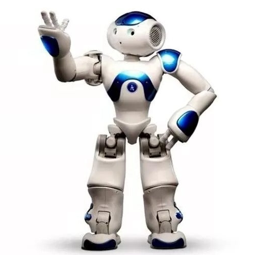 Interactive AI companion robot assisting a user in a smart home. Personal assistant tech gadget with multi-language.
