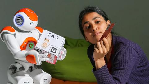 Agile AI companion robot navigating a smart home environment. Multi-language personal assistant tech gadget.