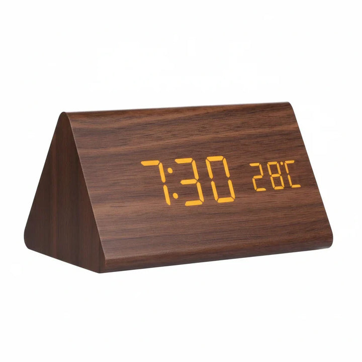 Wooden look LED digital alarm clock with temperature display and adjustable brightness for modern home decor.