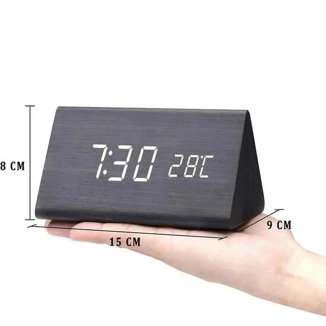 Stylish wooden grain LED alarm clock with 3 programmable alarms, perfect for bedside or desk.