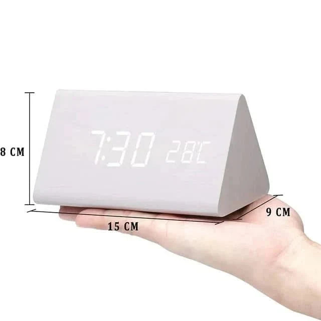 Modern wooden texture LED clock featuring adjustable brightness and clear temperature display.