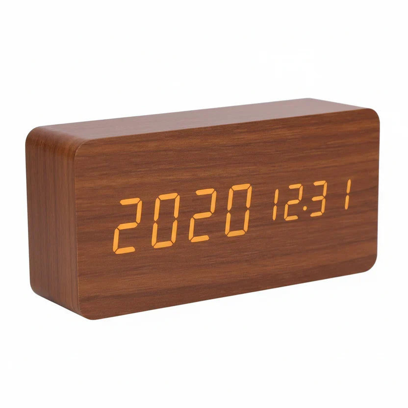 Compact wooden look LED bedside clock with dimmable digital display and integrated temperature sensor.