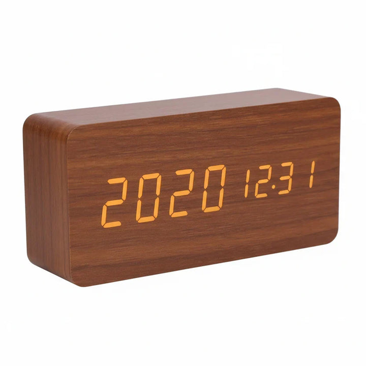 Compact wooden look LED bedside clock with dimmable digital display and integrated temperature sensor.