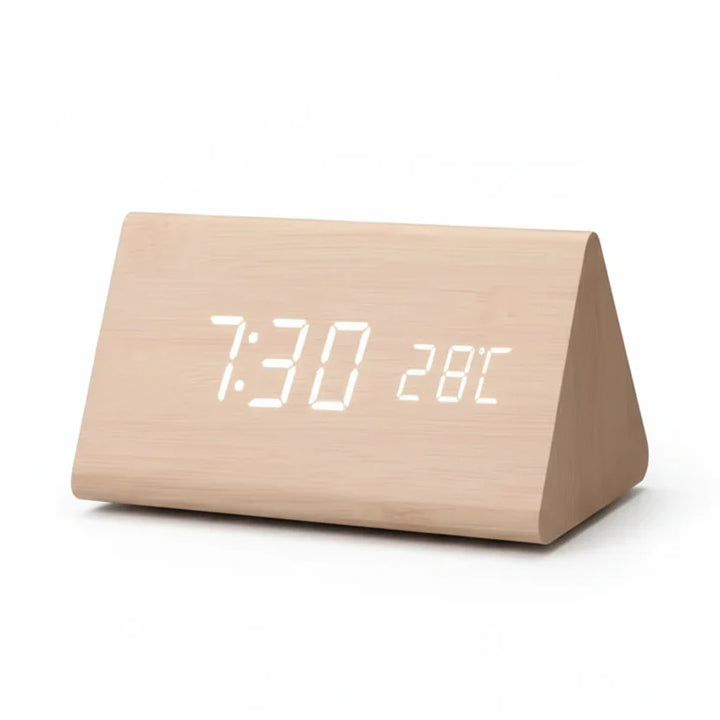 Minimalist wooden look LED desk clock showing time and temp, ideal for contemporary office spaces.