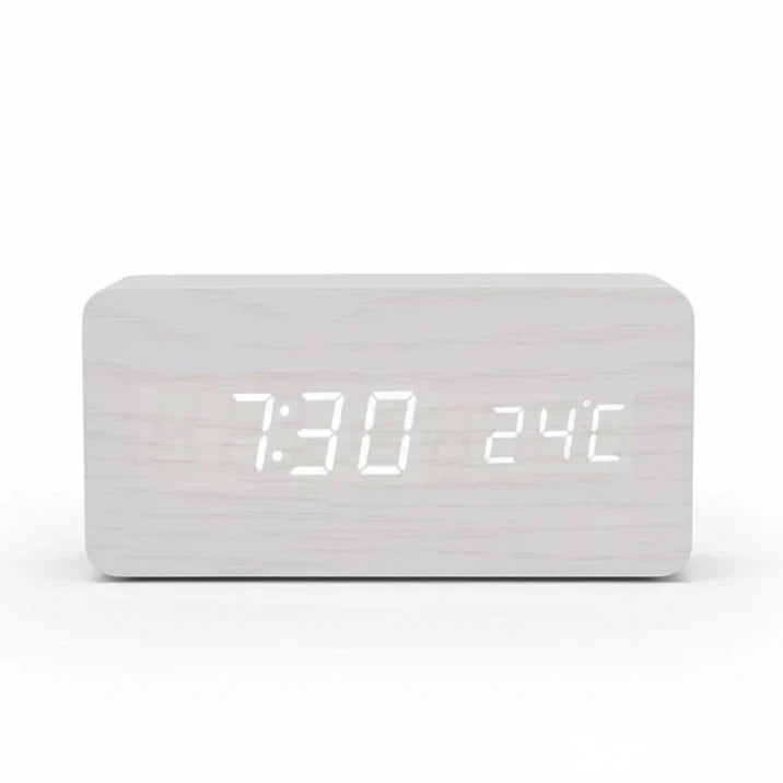 Smart wooden grain LED alarm clock, offering 3 alarms, temperature display, and adjustable light.