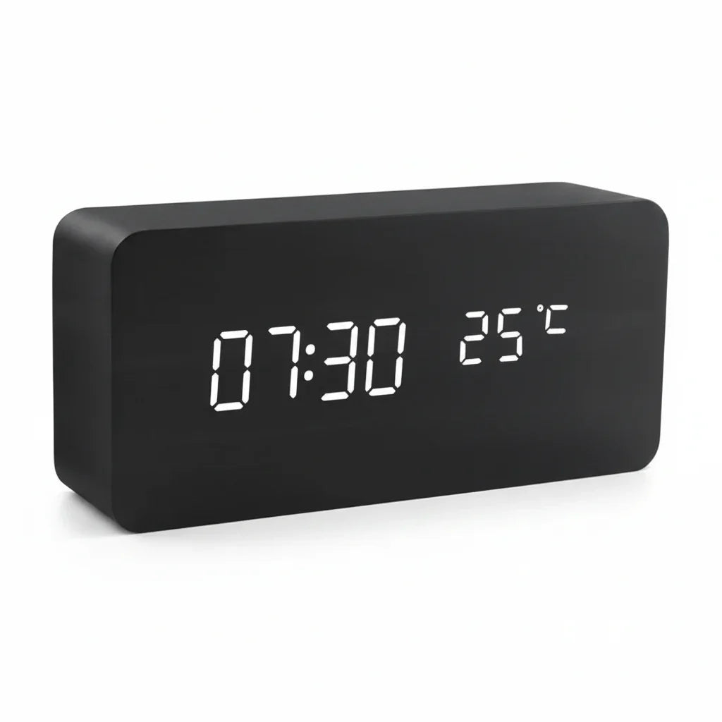 Elegant wooden style LED digital alarm clock with multiple alarms and a sleek, modern design.
