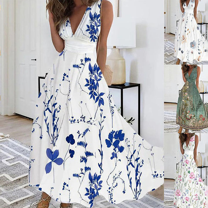Vibrant floral sleeveless maxi dress for women, featuring a deep V-neck, ideal as a party or summer dress.