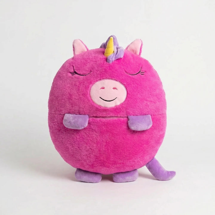 Child's travel sleeping bag, a soft animal plush with integrated pillow for ultimate comfort.