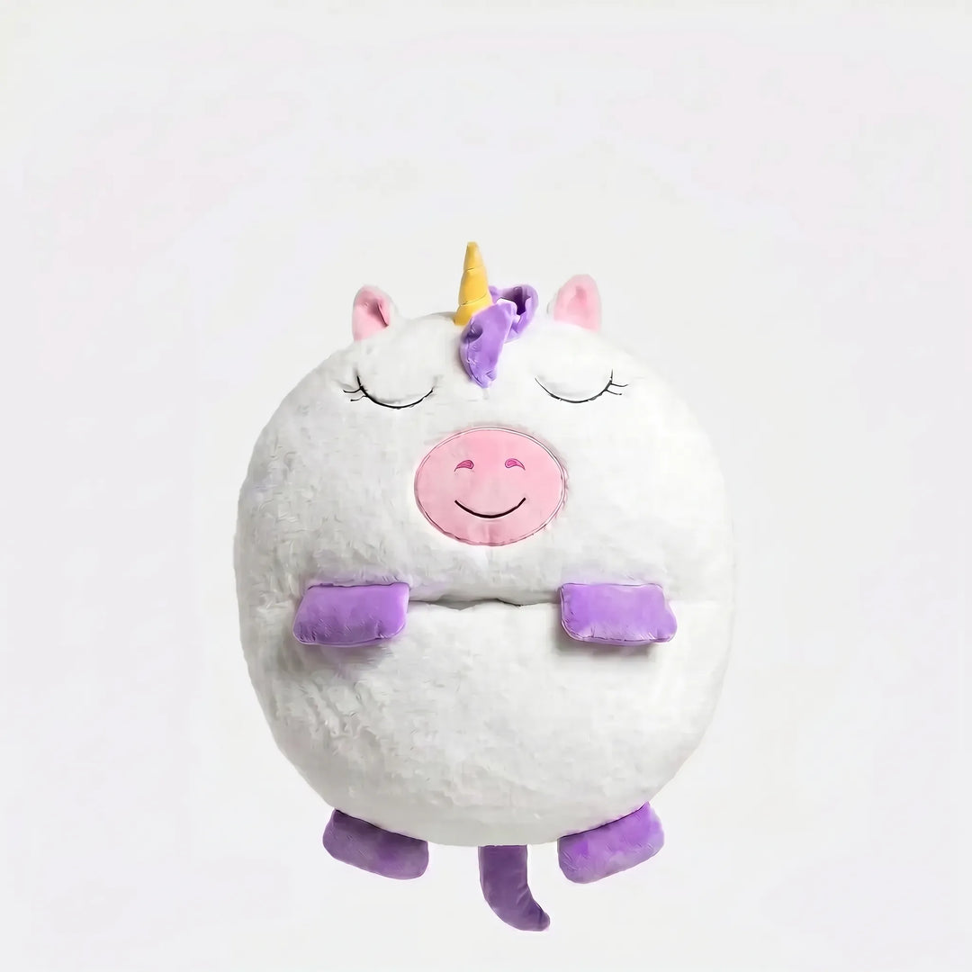Plush animal character sleeping bag for children, offering a cozy sleep sack experience at home.
