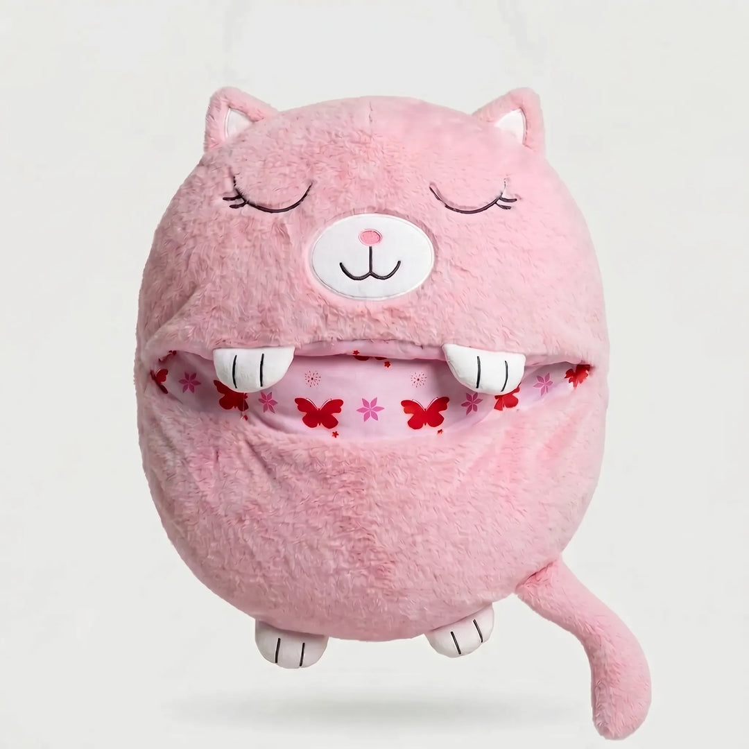Warm plush sleeping bag for kids, with a cute animal design & comfy built-in pillow for travel.