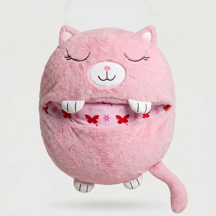 Warm plush sleeping bag for kids, with a cute animal design & comfy built-in pillow for travel.