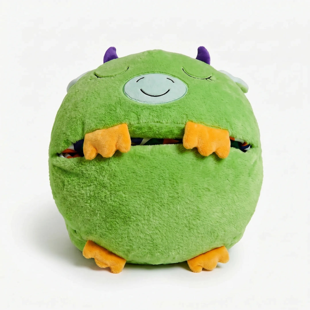 Adorable cartoon character plush sleeping bag, a soft children's pillow & comfy sleep sack.