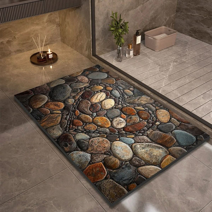 Ultra-absorbent diatomaceous earth bath mat, quick-dry technology, non-slip for modern bathroom safety.