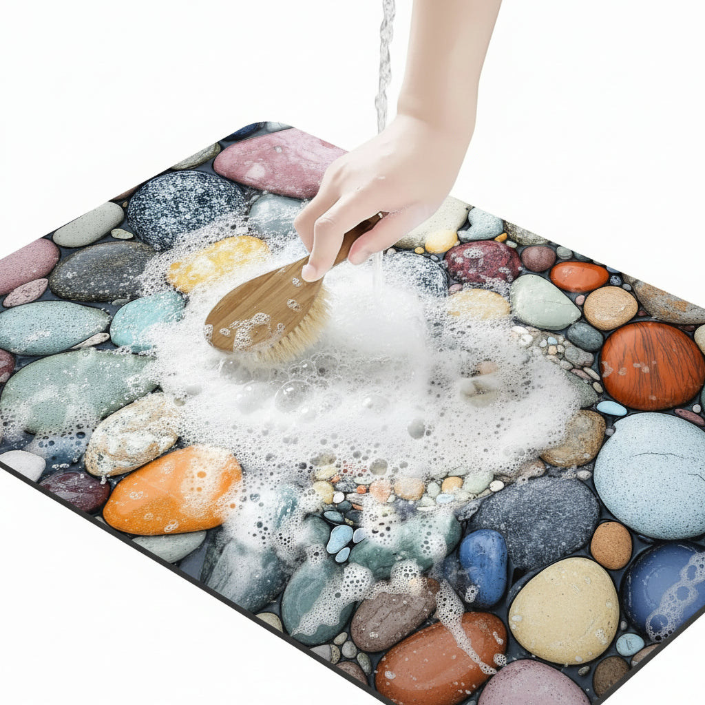 Diatomaceous earth quick-dry bath mat for a hygienic, non-slip, and modern bathroom floor.