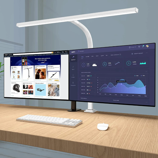 Ergonomic adjustable LED desk lamp provides comfortable, glare-free task lighting for long hours in office & studio.