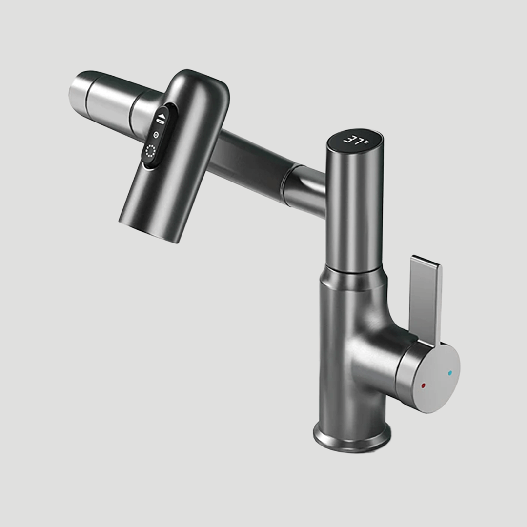 Advanced 360° swivel water tap with LED screen for precise temperature control in kitchen or bath.