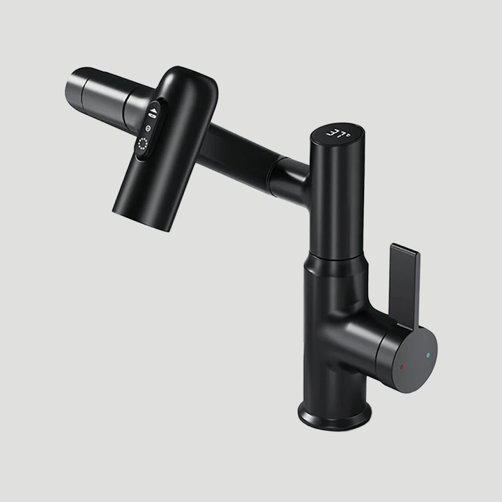 Close-up of smart faucet's LED digital display showing water temperature; modern bathroom/kitchen fixture.