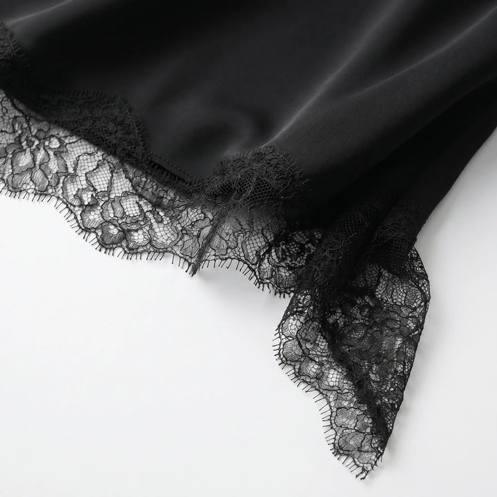 Stylish women's formal V-neck slip dress with an asymmetric lace design, ideal for evening events.