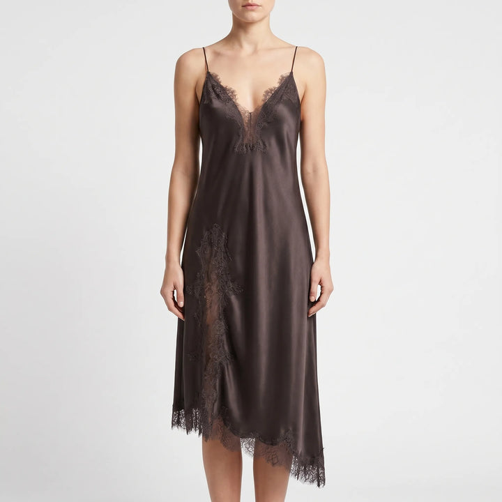 Stylish women's asymmetrical V-neck midi slip dress with delicate lace openwork trim. Perfect summer party dress.
